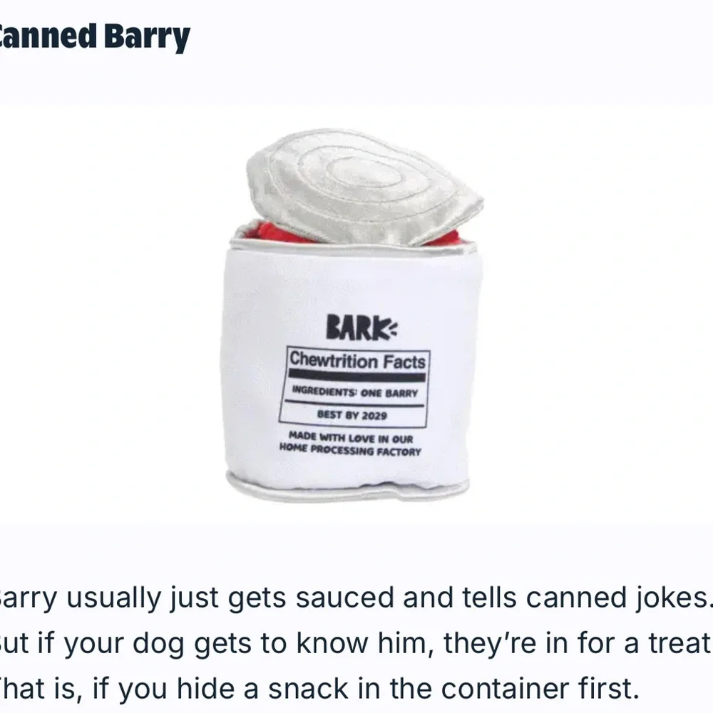 NWT Bark Canned Barry Sauce Dog Toy